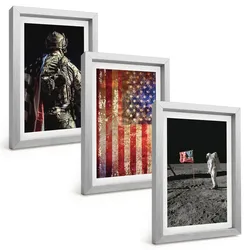 BILDER SET 3er Set - 20x30 cm Silberner Rahmen - Amerikanische Symbole, USA-Flagge