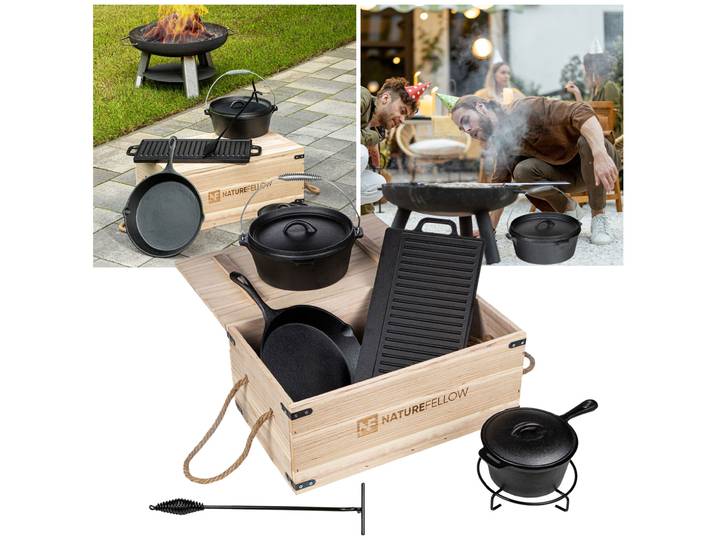Hochwertiges Gusseisen-Grill-Set, 6-teilig + Holzkiste