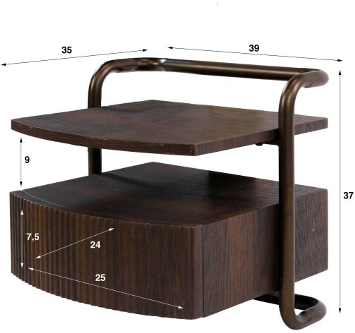 Zwevend nachtkastje Bend 1L in donkerbruin eiken 3D