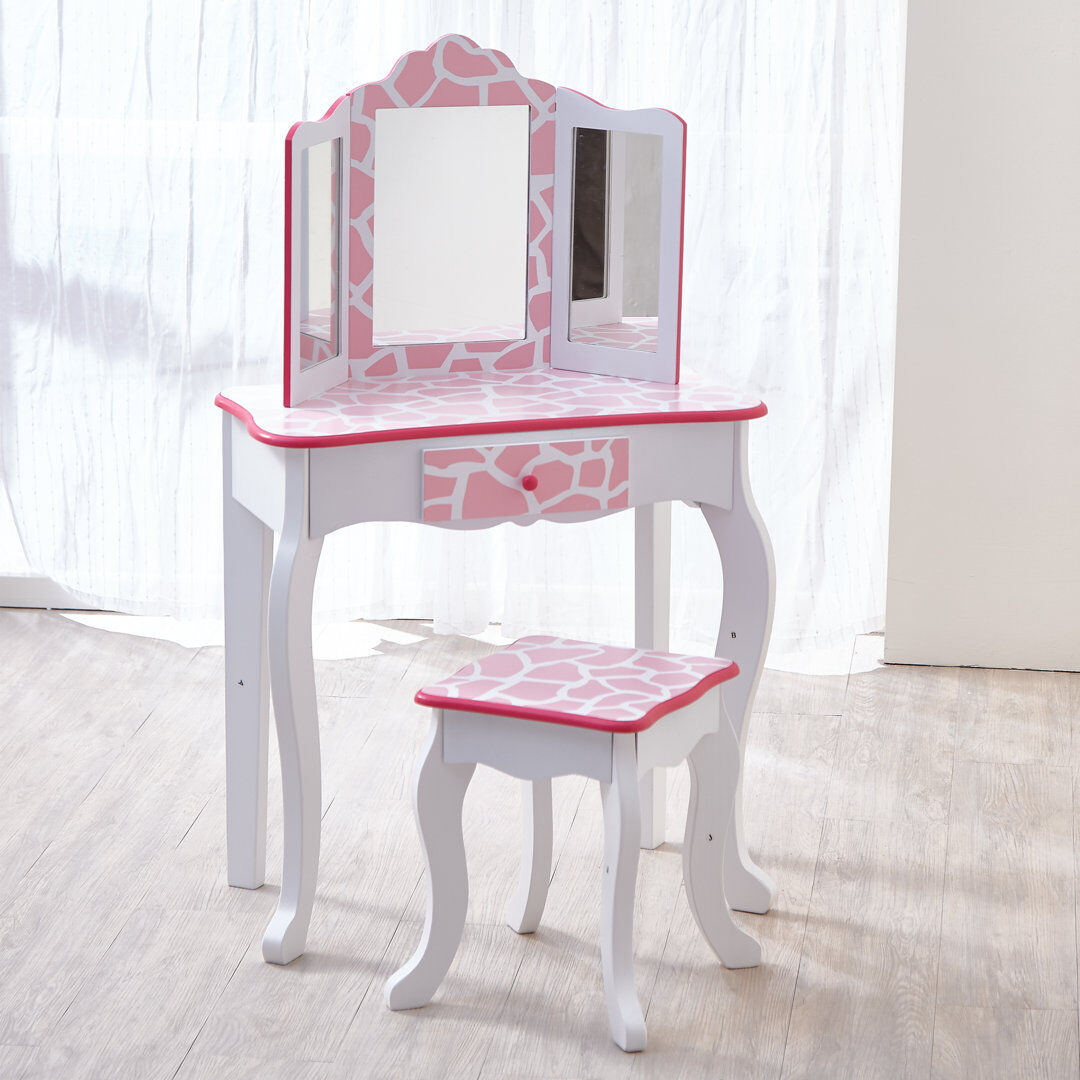Teamson Kids Gisele Wooden Play Vanity Set with Tri-Fold Mirror, Storage Drawer, Matching Stool and Kids Makeup Table for Ages 3+ Pink Giraffe 97.79cm H X 29.21cm W X 59.69cm D