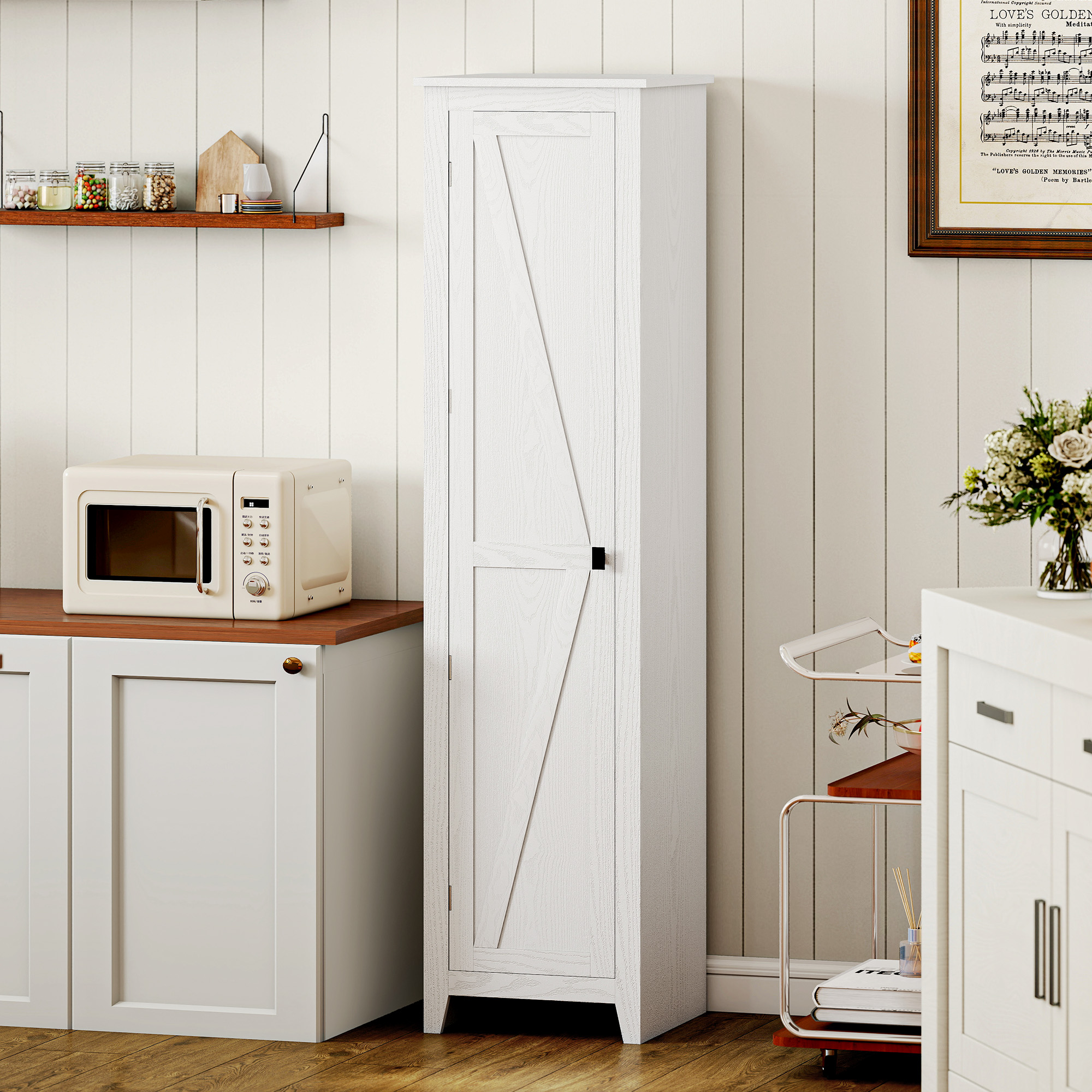 Homcom Credenza Cucina Alta Rustica con Anta, Ripiani Regolabili per Sala da Pranzo Soggiorno, 43.5x40x170 cm, Bianco   Aosom Italy