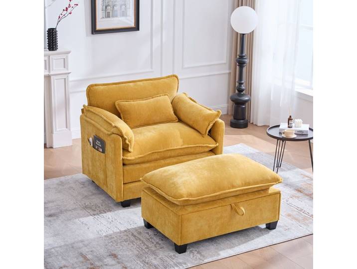 WUVRIE Fauteuil relax en chenille jaune avec pouf de rangement poche latérale et coussin