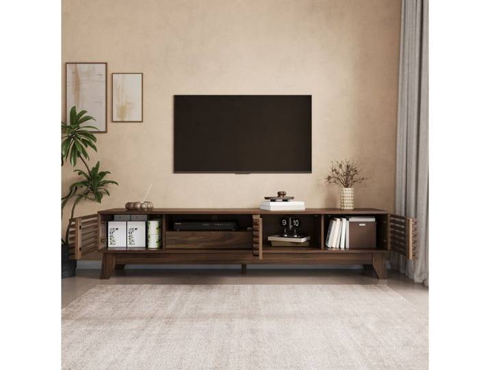 ROVRYN Meuble TV 170 cm à 3 portes 1 tiroir fronts rainurés MDF coloris Walnut
