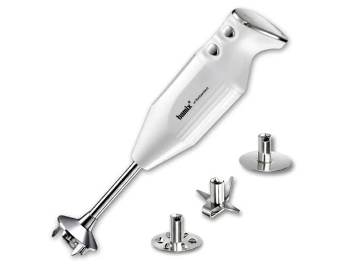 bamix Set avec mixeur plongeant M250 PRIME avec couteau étoile\, disque fouet et disque mélangeur en inox\, 250 W\, 2 vitesses\, Fabriqué en Suisse\, Blanc/Chromé