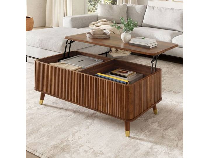 Table basse Moderne Rétro plateau de table réglable en hauteur structure ondulée pieds en bois table de salon multifonctionnelle