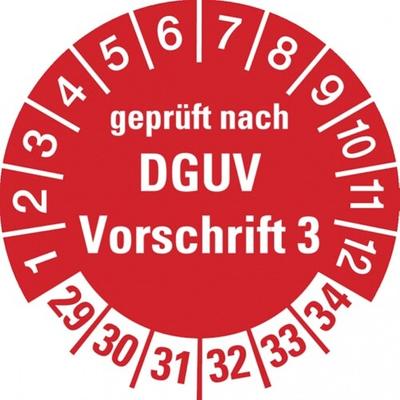König Werbeanlagen Dreifke® Prüfplakette geprüft nach DGUV Vorschrift 3 ab 29 in ro - 30 mm Folie selbstklebend