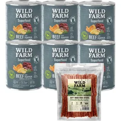 WILD FARM Superfood Beef (Rindfleisch mit Kürbis, Kartoffeln und Petersilie) 6x800g getreidefreies Hundefutter + WILD FARM Ente und Reis Sticks 500g