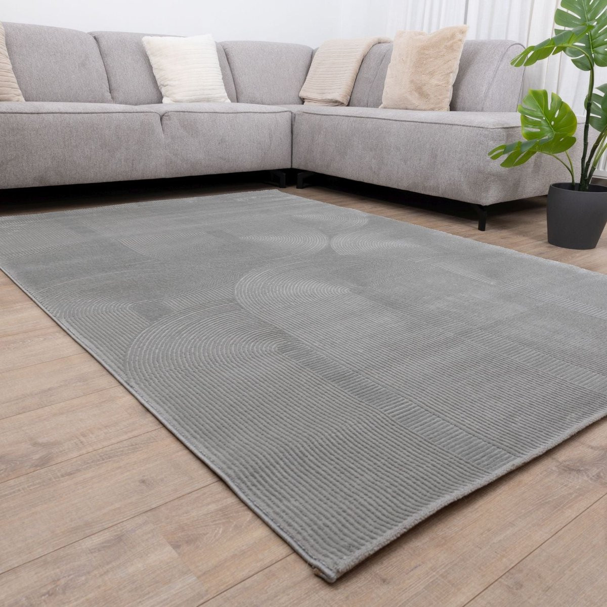 Koho Premium Touch 3D Toon op Toon Laagpolig Vloerkleed - Grijs - 160 x 160 cm