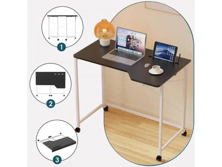 Bureau gaming pliable QUIIENCLEE avec roulettes verrouillables cadre métallique plateau en bois bureau d'ordinateur noir