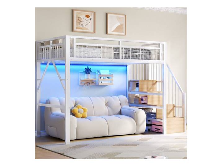 STILVORA Hochbett 90x200 Jungendbett mit LED-Lichtleiste Treppenschrank und Freier Rau (Funktionbett, Treppenkonstruktionen mit Stauraum, offene Design, Freier Raum zum Verkleiden) schwarz/weiß