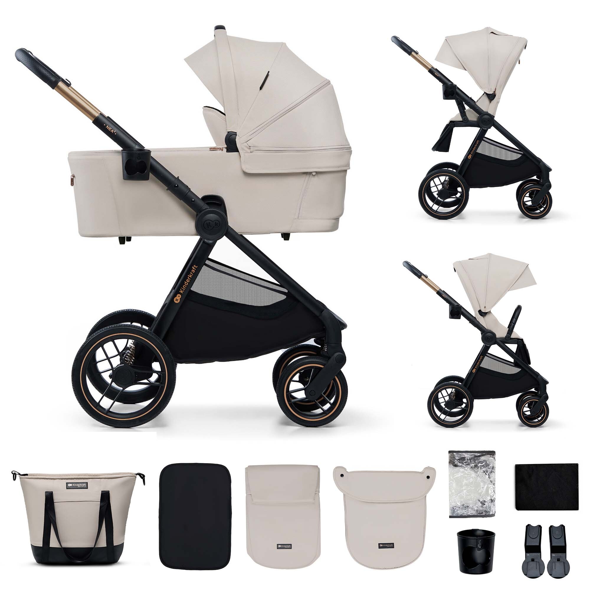 Kinderkraft NEA 2 - Kinderwagen 2-in-1 - bis 27 kg - Babywanne & Buggy - pannensichere Räder - wasserdichtes Verdeck UPF50+ - faltbar wendig - Beige