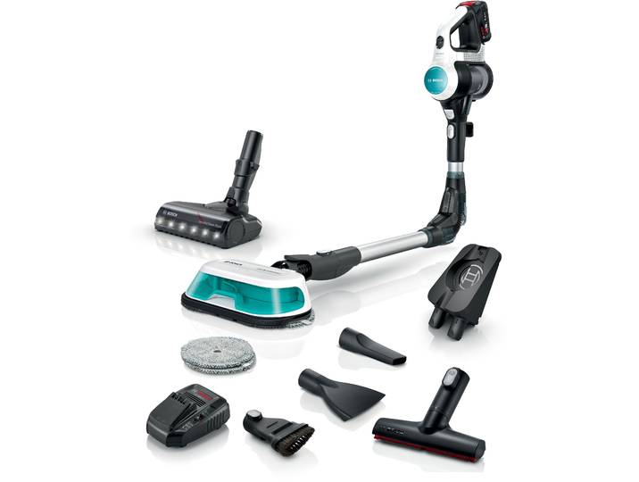 BOSCH Akku-Stielstaubsauger Unlimited 7 ProHygienic Aqua BKS71HYG1, 2in1 Saugen & Wischen , weiß, B:25,2cm H:131,5cm T:20,4cm, Akkusauger, Knickrohr, Hygiene-Filter, 10 J. Motorgarantie, Schnellladegerät, weiß, Akku-Stielstaubsauger