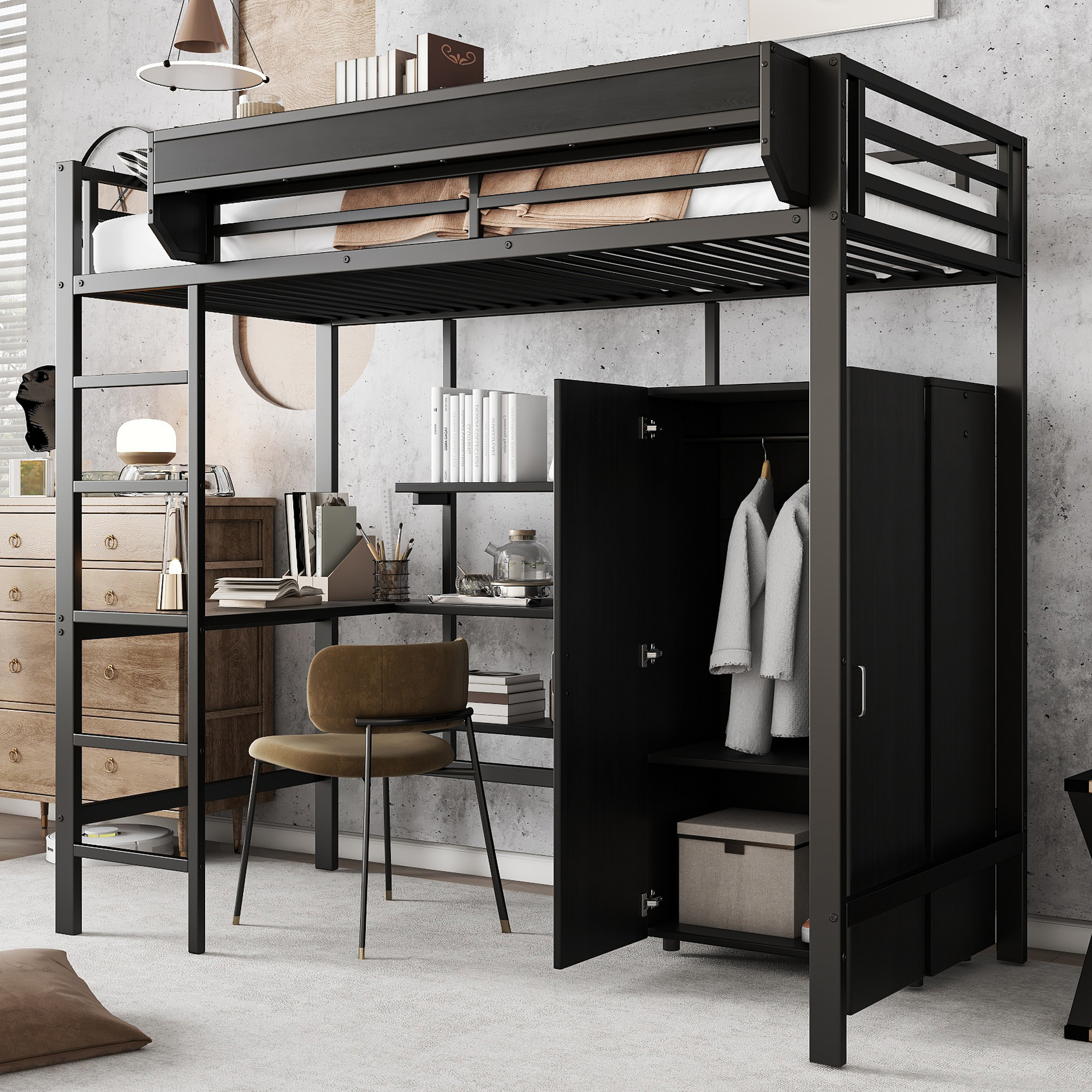 Merax Etagenbett 90x200 aus Eisen mit Tisch und Kleiderschrank, Hochbett für Kinder und Jugendliche mit Ablagefächern, 5-stufiger Leiter