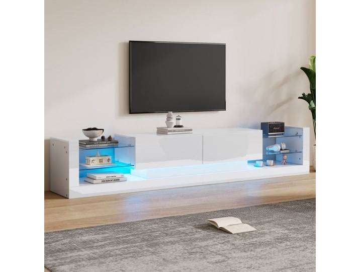 Meuble TV Design Moderne 181cm Façade Verre Brillant pour Télévision 80  avec Deux Tiroirs Rabattables Éclairage LED Intégré