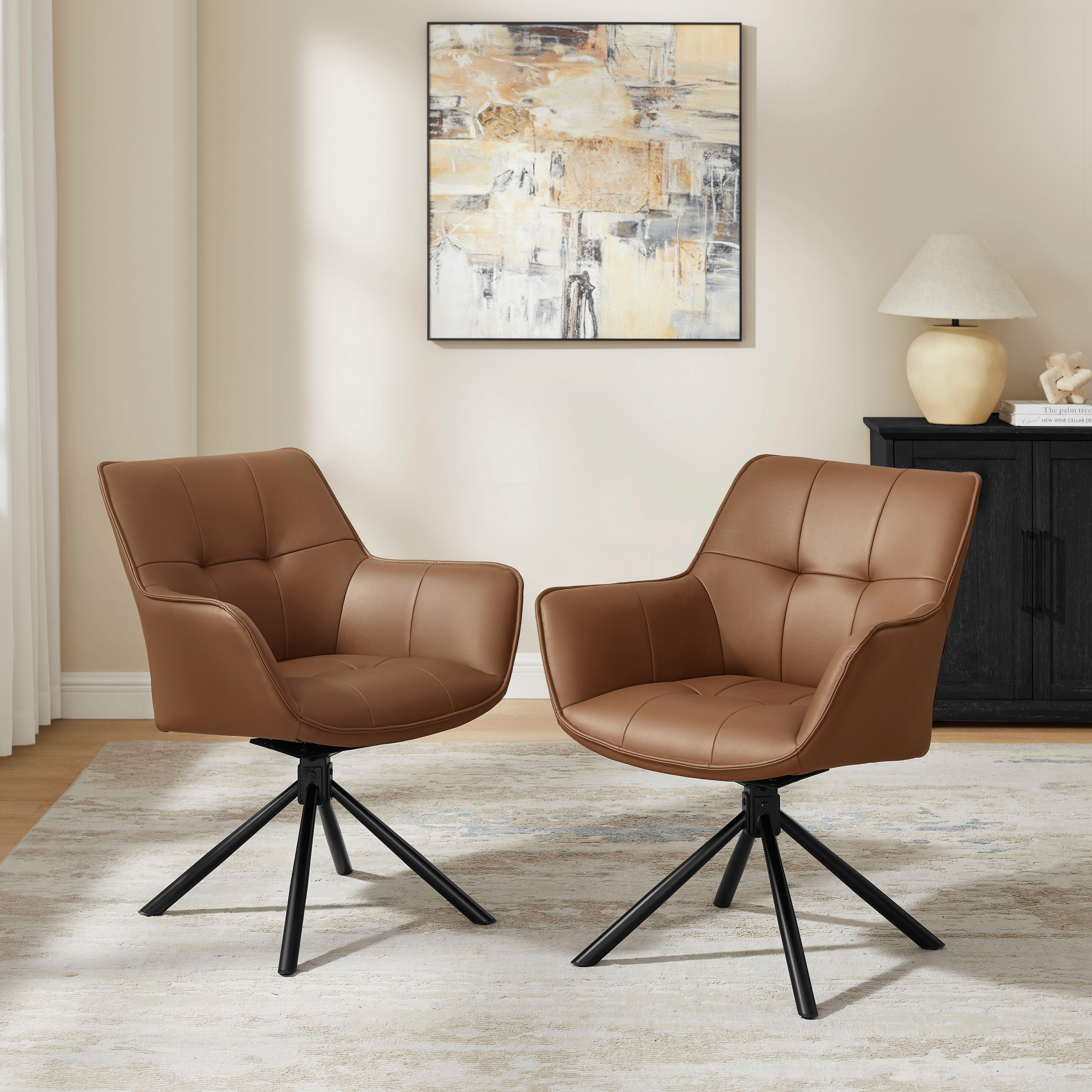 Drehstuhl GOODPRODUCT "Lika", braun (cognac, schwarz), B:69cm H:85cm T:68cm, Stühle, Drehstuhl, echtes Leder, 360 Drehfunktion, Steppnähte, Metallgestell cognac, schwarz B/H/T: 69cm x 85cm x 68cm, 2 Stk., Leder SUAVE