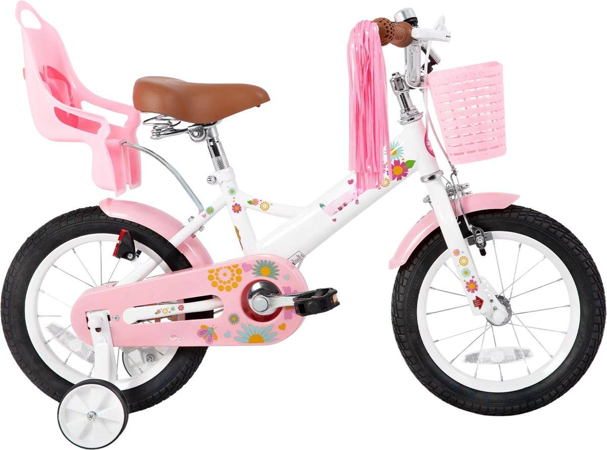Kinderfahrrad 14 Zoll (36 cm) Unisex - Mit Stützrädern, Korb, Klingel & Puppensitz - Weiß