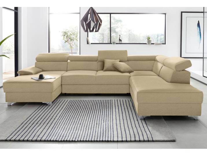 Wohnlandschaft DOMO COLLECTION Mira, inklusive Kopfteilverstellung für mehr Wohlfühlkomfort, U-Form , beige, B:337cm H:78cm T:230cm, Luxus-Microfaser (92% Polyester, 8% Nylon);Zierkissen: Entsprechend jeweiligem Bezug.;Struktur (100% Polyester);Struktur fein (100% Polyester), Sofas, Wohnlandschaft, wahlweise mit Bettfunktion und Bettkasten, elegant und modern