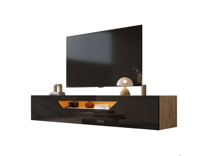 ELVORIN meuble TV mural suspendu 180 x 37 x 36 cm LED USB façade brillante noire et décor bois naturel