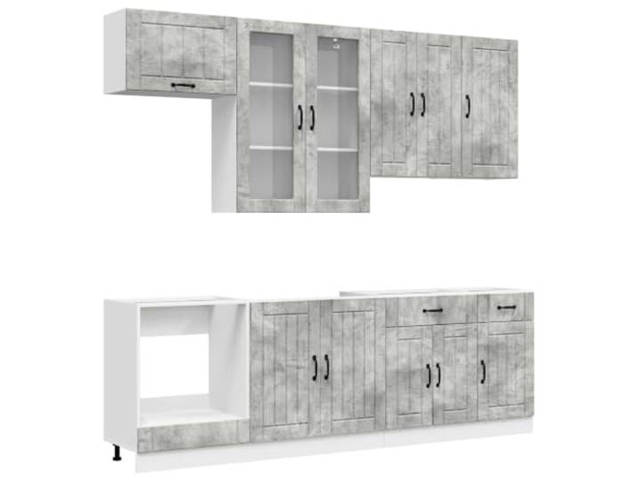Makastle Küchenzeile 8-teilig, Betongrau, Holzwerkstoff, mit Hängeschränken und Unterschränken, Höhenverstellbare Füße, Wandmontage