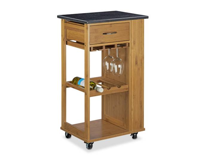 Relaxdays Küchenwagen Natur Schwarz Bambus Marmorplatte Weinregal, Hellbraun, Holz, Metall, 47.5x37.5x81.5 cm, Esszimmer, Servierwagen