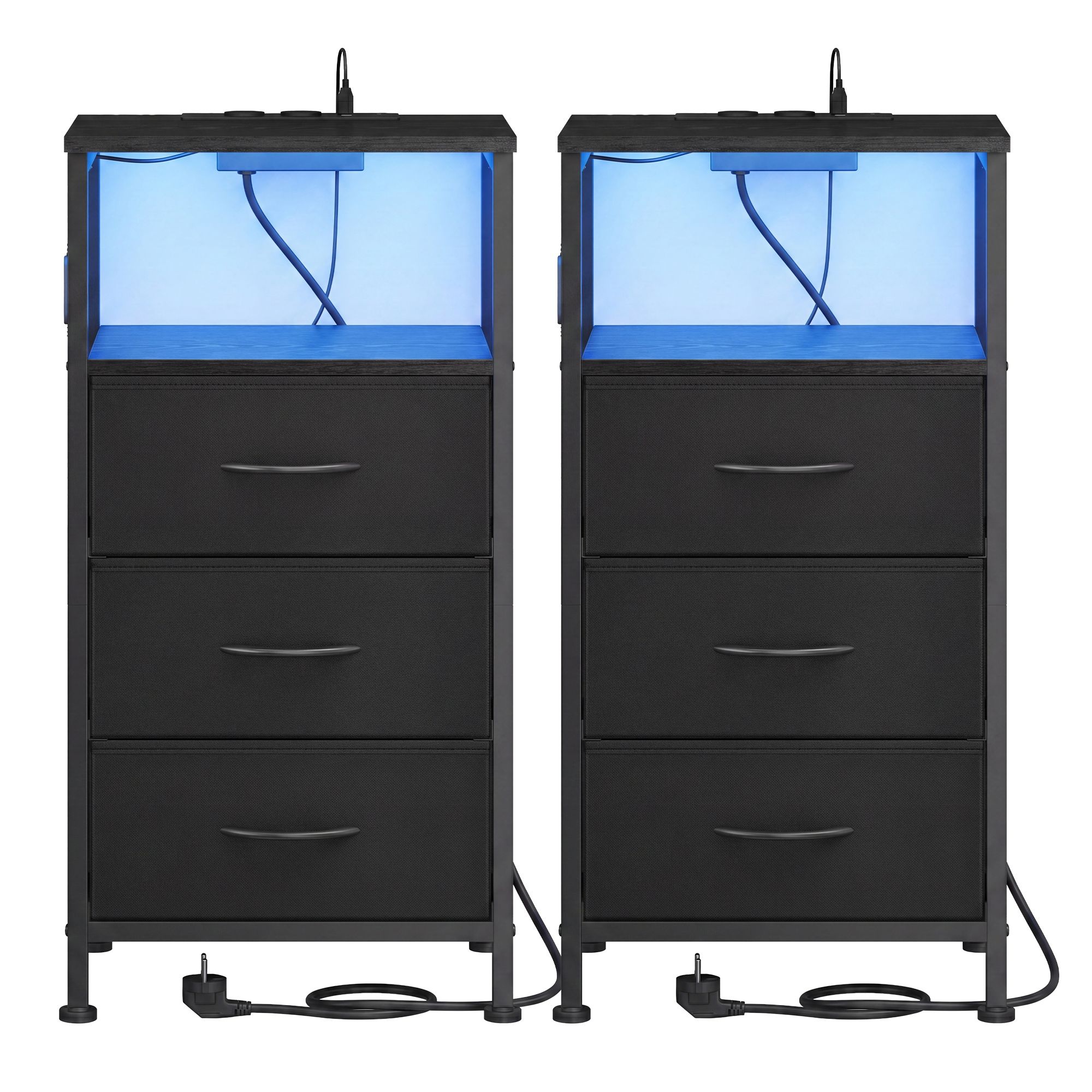 SONGMICS Nachttisch mit LED-Beleuchtung und Ladestation, Nachttisch mit 3 Schubladen und offenem Fach LGSB35203B102
