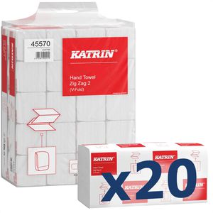Katrin Papierhandtücher Plus ZZ 2, 45570, 2-lagig, Zick-Zack-Falz, weiß, Tissue, 22,4 x 23 cm, 4000 Stück