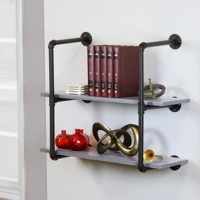 Rio Warehouse of Tiffany Foronjy Black Pipe 2-level Weathered Grey Floating Wooden Bookshelves