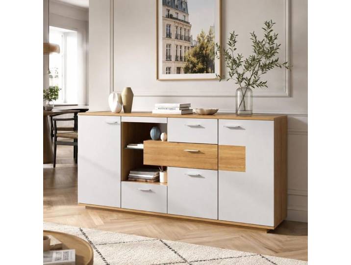 Buffet Salon 160cm Blanc Haute Brillance avec Lumière LED Compartiment Ouvert 2 Portes et 4 Tiroirs Commode 160x40x77cm