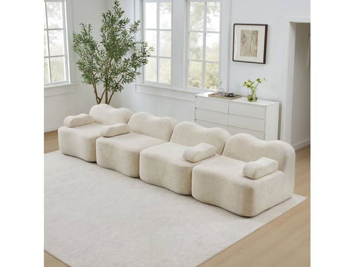 ROVRYN Canape modulaire 4 places forme vague assise profonde velours beige