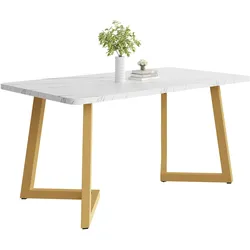 OKWISH Esstisch MDF Marmoroptik Weiß+Gold 117x68x75 cm rechteckig mit goldenen Metallbeinen, modernes Design, vielseitig für Esszimmer