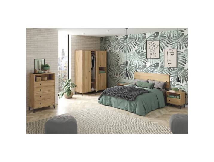 Ensemble chambre à coucher complète adulte coloris chêne doré ( armoire + commode rangement + 2 chevets + Tête de lit )