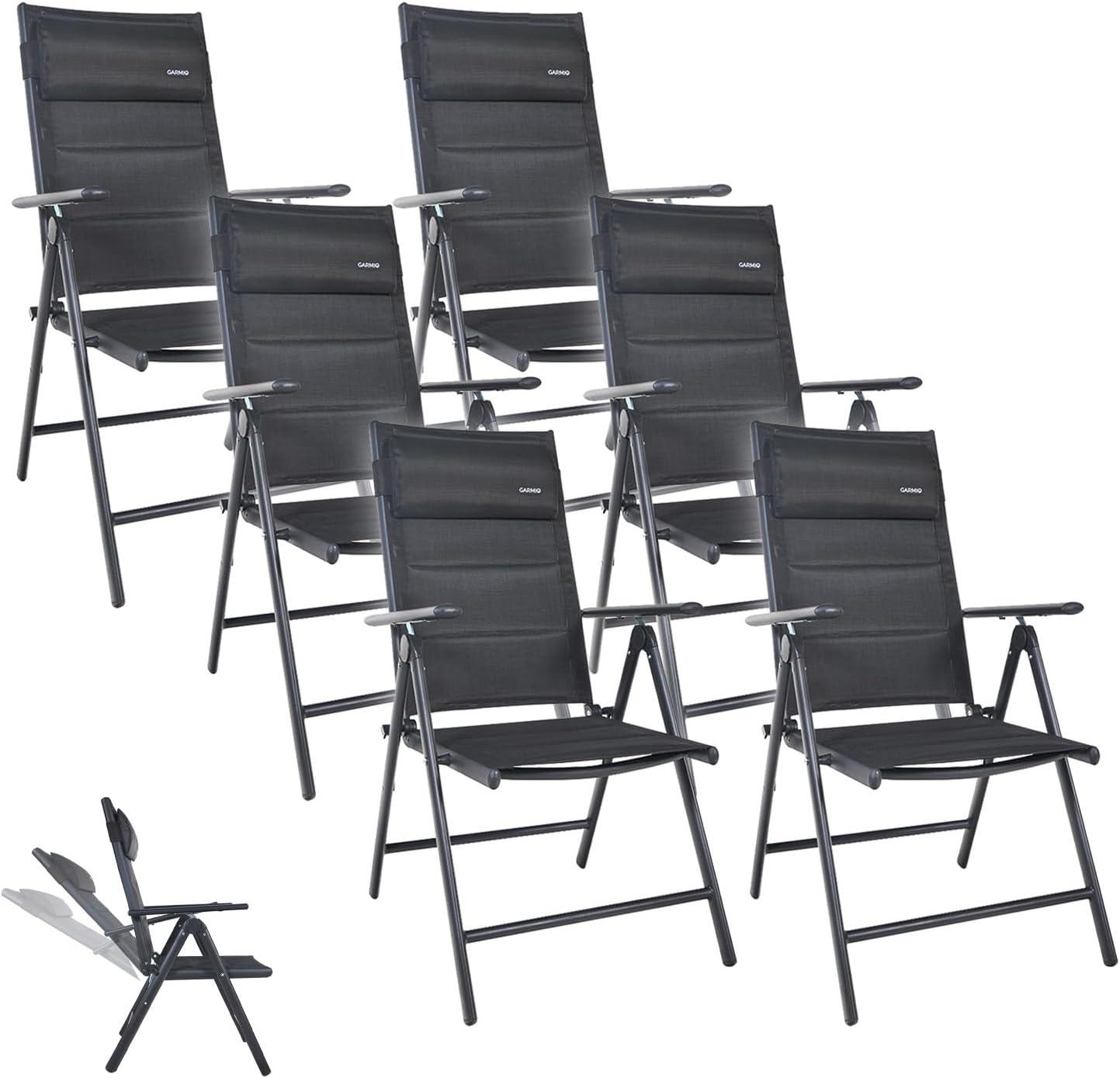 Gartenstuhl Florenz Schwarz, 7-Fach verstellbar, klappbar, inkl. höhenverstellbares Nackenkissen, für Terrasse oder Garten, 6er Set