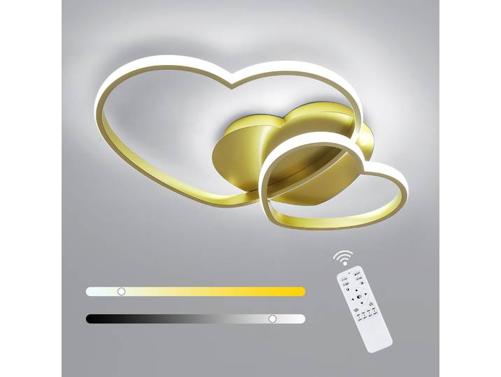 Plafonnier LED en forme de cœur 48W moderne, variable avec télécommande 3000K-6500K plafonnier doré pour chambre à coucher, salle à manger