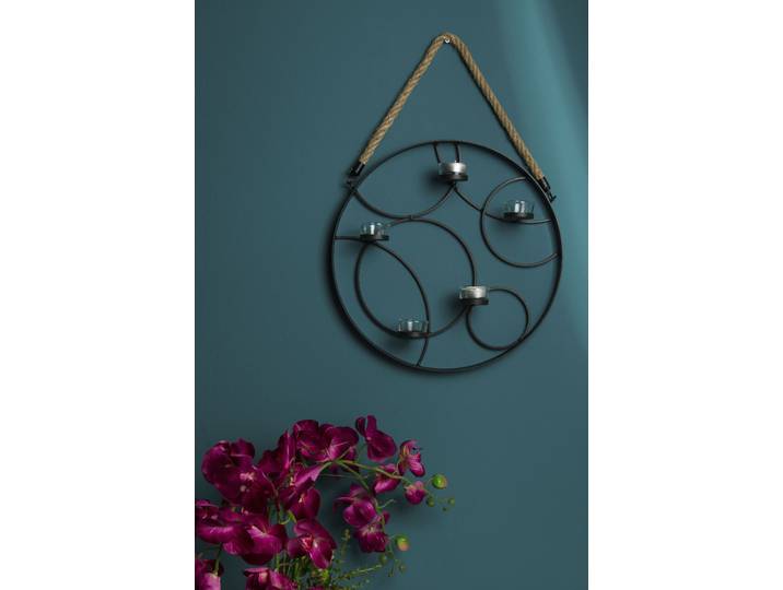 Wandkerzenhalter Kirill , schwarz, B:37cm H:7cm T:37cm, Glas, Metall, MYFLAIR MÖBEL & ACCESSOIRES, Kerzenhalter, Wandkerzenhalter, Landhaus, aus Metall mit Kordelaufhängung, schwarz, für 5 Teelichter
