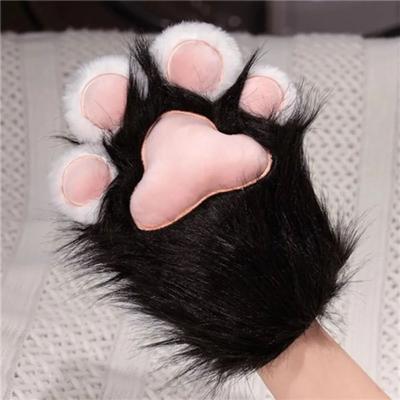 Inspired Living Kawaii Plush Cat Paw Gloves Warm Furry Paw Gloves For Cosplay, Kigurumi & Party Photos black & White