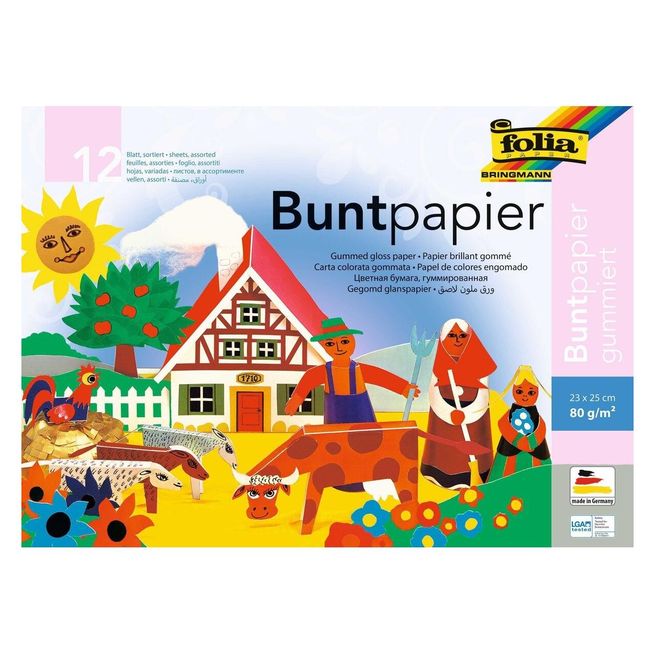 Folia Buntpapier gummiert farbsortiert 80 g/qm 12 Blatt (80 g/m², 1x) (23354356)