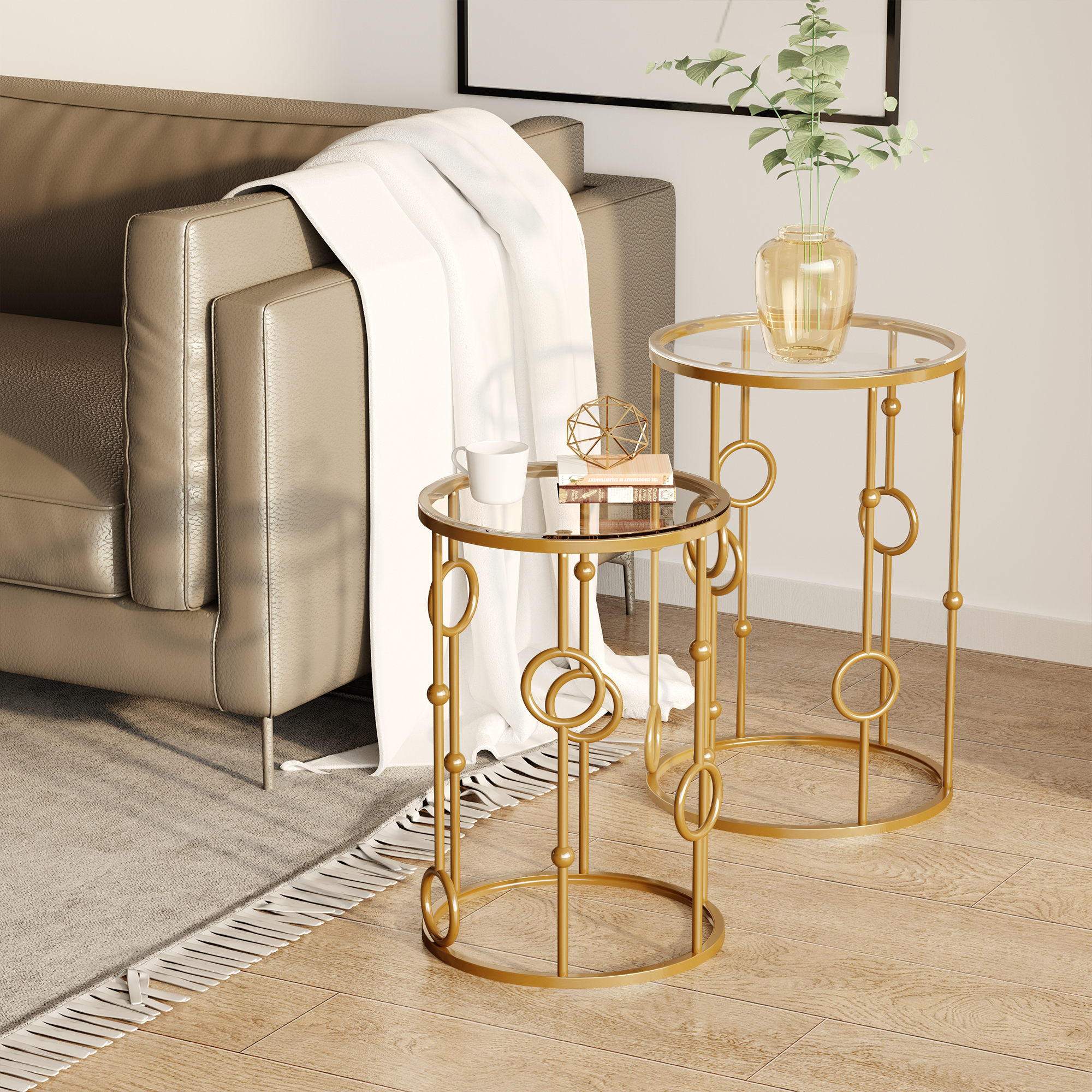 Homcom Set 2 Pezzi Tavolini da Caffè Design con Motivi a Cerchio in Metallo e Vetro Temperato Aosom