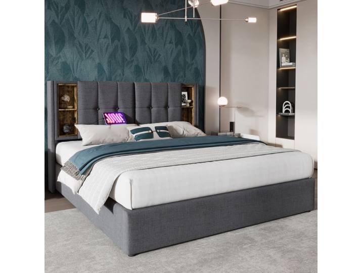 Lit double - Rembourré - 140x200cm - Charge sans fil - Rangement - Gris coton