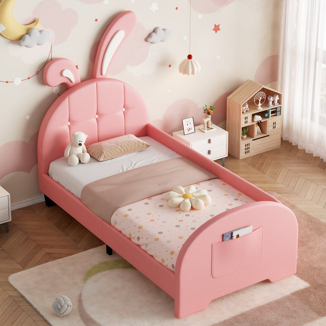Ivy Bronx Upholstered Bed With Rabbit Shaped Headboard Pink