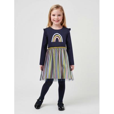 Tüllkleid BLUE SEVEN, Mädchen, Gr. 122, N-Gr, Langarm, Jersey, bunt (nachtblau regenbogen), Jersey, Obermaterial: 95% Baumwolle, 5% Elasthan, bedruckt, Midi, Rundhals, Kleider, Baumwollmischung, Glitzerdruck