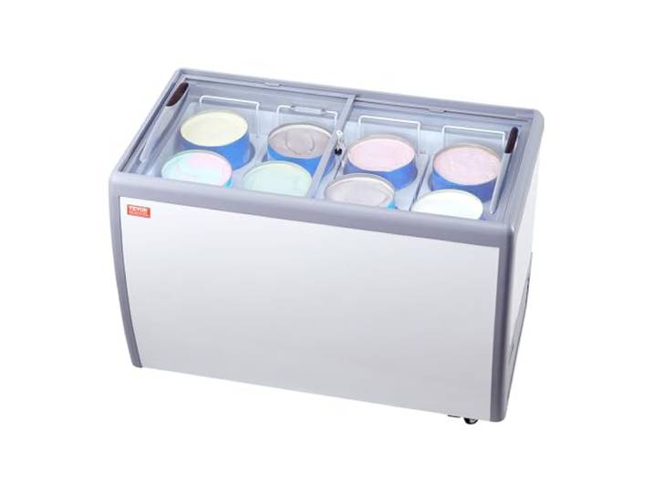 VEVOR Kommerzielle Eiscreme-Vitrine, 370 L Gefriertruhe, Mobiler Tiefkühlschrank mit Glasplatte, Restaurant-Gelato-Tauchschrank mit 8 Großen Behältern, 2 Glasschiebetüren, Feststellrollen, Weiß