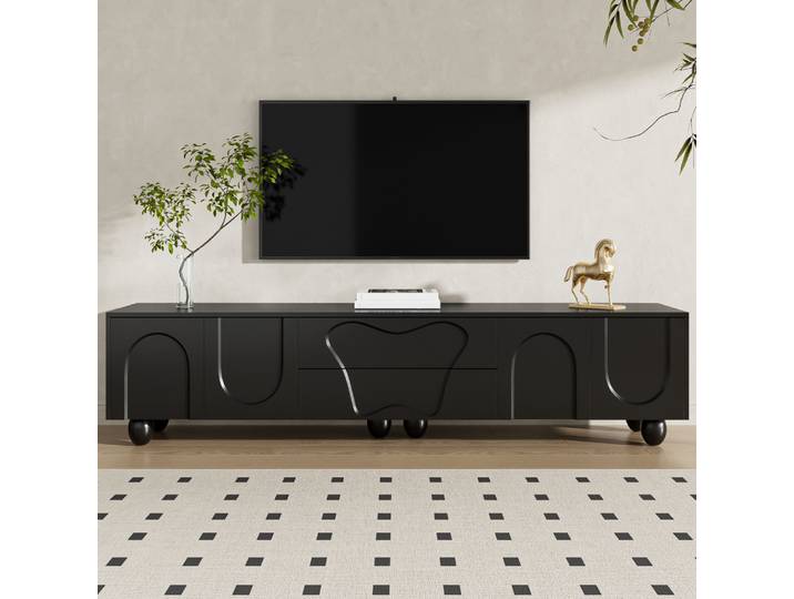 Meuble TV PINGGO 180CM Noir avec Pieds en Bois, Design Minimaliste et Élégant, Grand Espace de Rangement, Meuble de Divertissement Unique pour la Maison