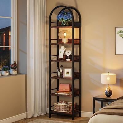 Bluebel 6-Tier Open Bookshelf, Tall Arched Bookcase Narrow Bookshelf
