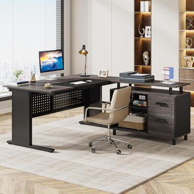 Jiallo "63"" L-Shaped Executive Desk with File Cabinet in Gray and Black"