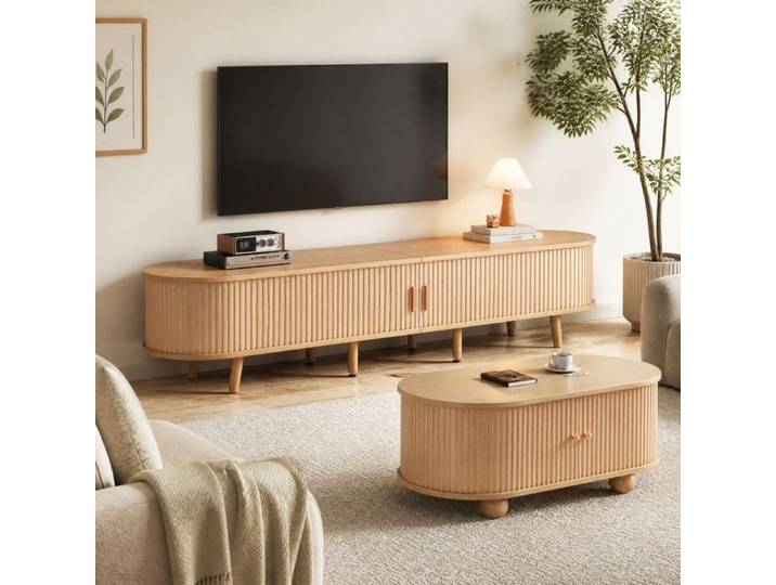 Ensemble salon meuble TV et table basse avec rangement bois clair MDF style moderne minimaliste VEVXYN