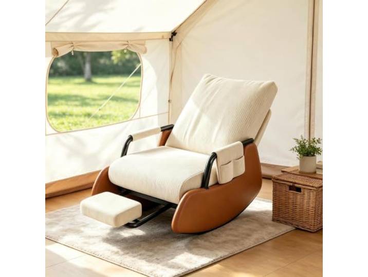 kumamart Ergonomischer Ruhesessel mit Integrierter Fußablage Entspannender Schaukelsessel mit stabiler Kufenkonstruktion und verstaubarer Fußablage.