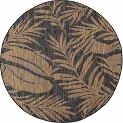 Outdoor-Teppich VIGOLENO Blattmuster botanisch Boho Polypropylen gewebt 3 mm Ø 80 cm Schwarz-Beige wetterfest Eingang | Kadima Design