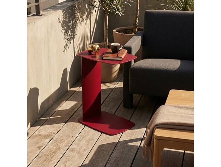 Siqual Design Beistelltisch Metall C-Form, pulverbeschichtet & wetterfest – Sofa Couch Tisch für Wohnzimmer, Balkon & Terrasse – Standby (Purpurrot)