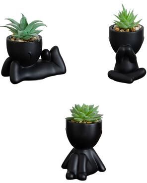 Nearly Natural 5-in Succulent Plants in Plyaful Decorative Black Planters - Set of 3