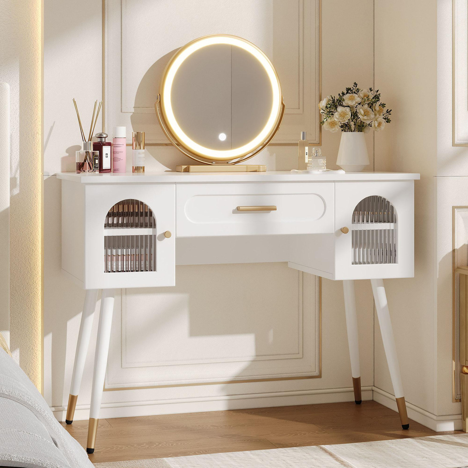 OKWISH Witte make-uptafel met LED-spiegel, lades en zijkast in moderne stijl